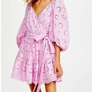 Charina Sarte Lila Embroidered Eyelet Dress Surplice Wrap Pink Lilac Size S